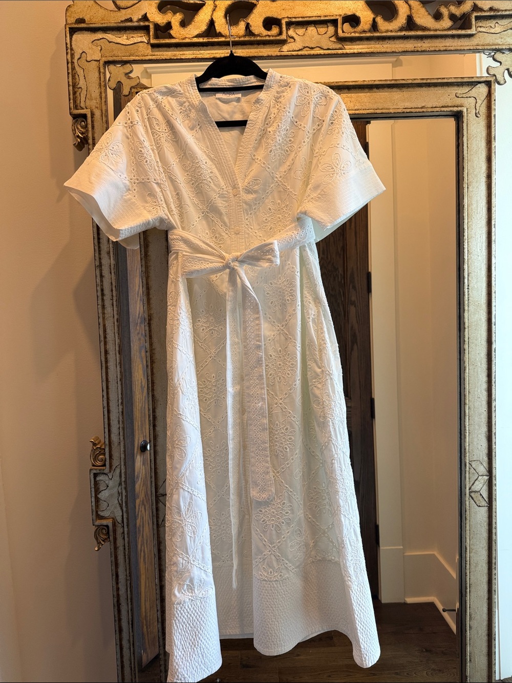 Avara White Eyelet Midi Dress with Tie Waist